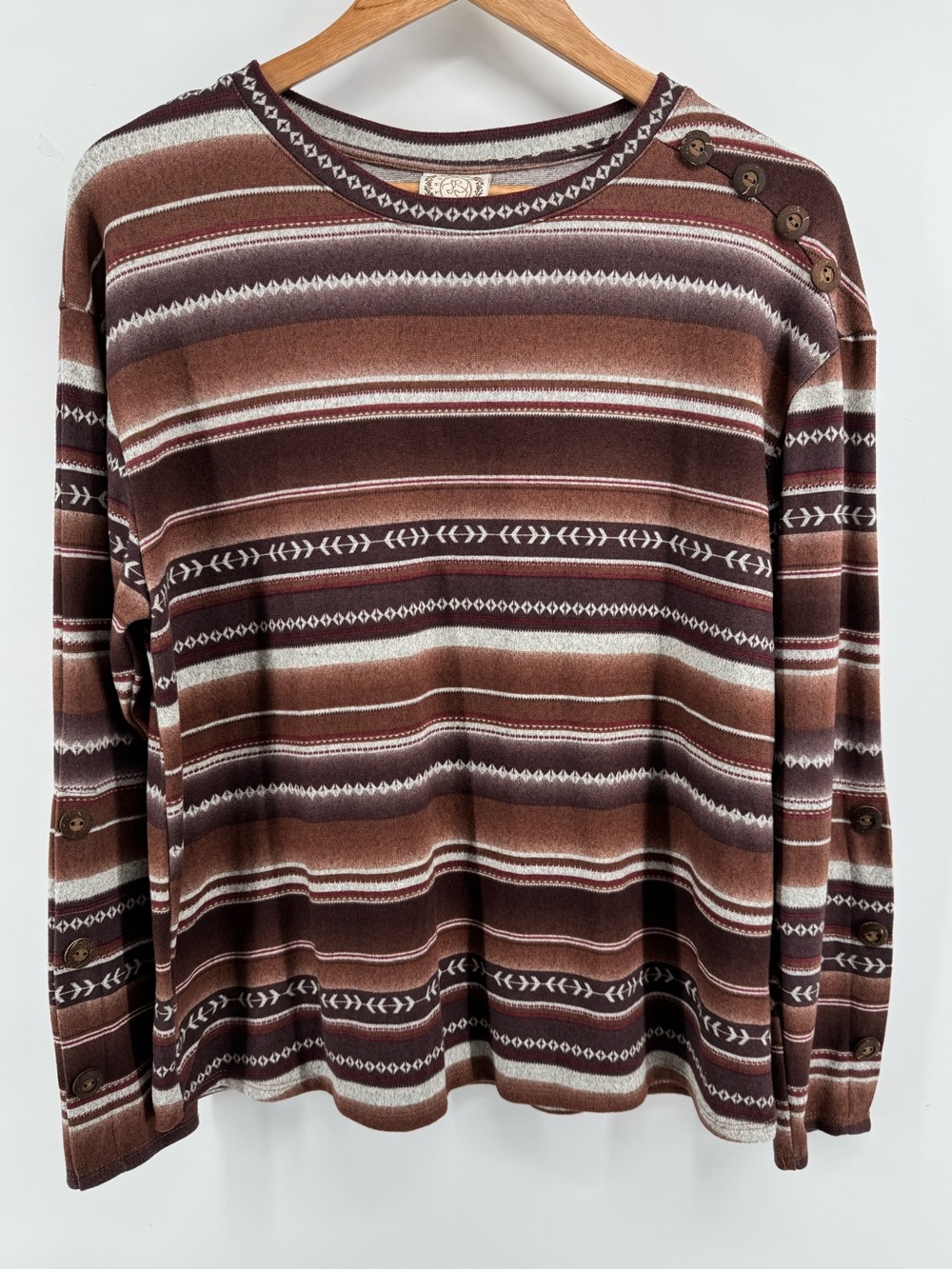 TRUSELF Western Striped Brown Crewneck Women's Sweater with Button Detail Size L